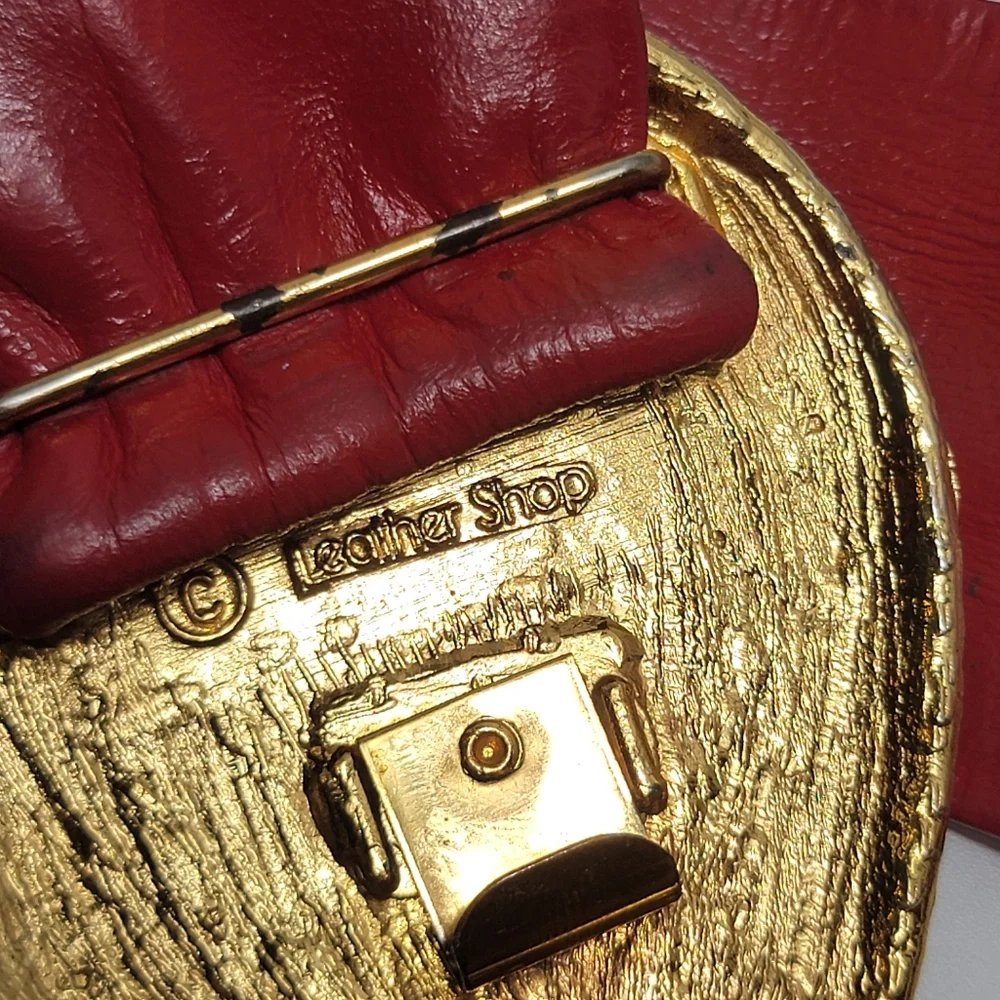 Leather Shop Vintage 80s Red Cinch Belt with Gold Metal Paisley Clasp, EUC, sz M